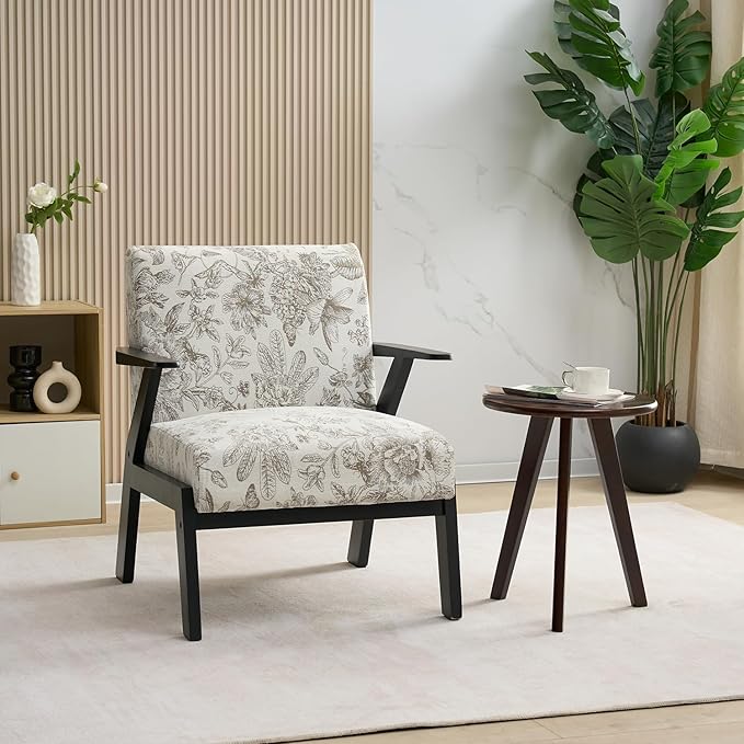 Mid Century Modern Accent Chair Living Room Chairs Comfy Arm Chair for Bedroom Small Cozy Upholstered Reading Chair Lounge Armchair with High Back for Balcony Home Office (Beige+Grey)