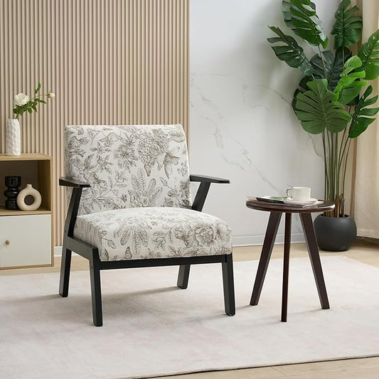 Mid Century Modern Accent Chair Living Room Chairs Comfy Arm Chair for Bedroom Small Cozy Upholstered Reading Chair Lounge Armchair with High Back for Balcony Home Office (Beige+Grey)