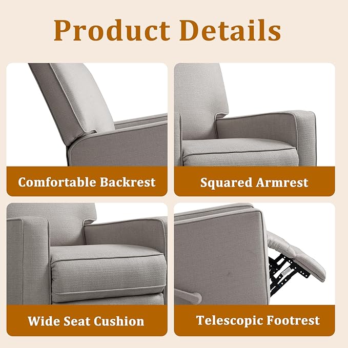 Swivel Rocker Recliner Chair for Adults High Back Fabric Recliner with Deep Seat Manual Glider for Living Room &amp Nursery Grey