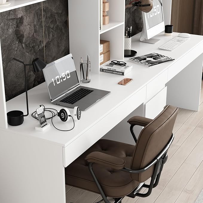 2 Person Computer Desk with 6 Drawers &amp Doors 94.5” Large Double Office Desk with Bookshelves &amp Hutch Long Writing Table White 94.5”W x 23.6”D x 86.6”H
