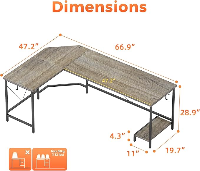 Mericonia 66 inch Large L Shaped Desk Simple Corner Gaming Desk with CPU Stand &amp Hooks Computer Desk for Home Bedroom &amp Office Workspace Grey