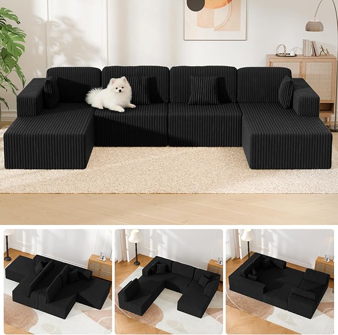 132 U Shaped Modular Sectional Sofa with Double Chaise Oversized Corduroy Floor Couch Deep Seat Frameless Living Room Set No Assembly Classic Black