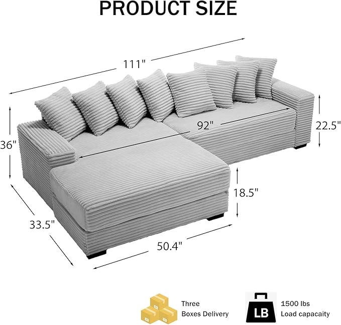 111 Inch Corduroy Sectional Couches for Living Room | L-Shaped Sectional Couch with 8 Pillows | Cloud Couch with Deep Seat | Solid Wood Frame Sofa Light Grey (Left Facing Chaise)