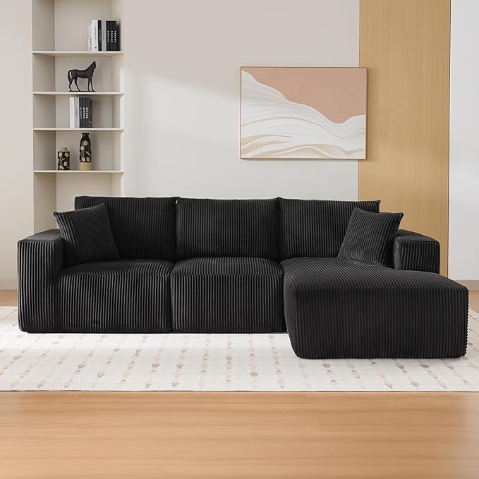 Sectional Cloud Boneless Couch 108 Modern Comfy L-Shape No Assembly Required Convertible Compression Sleeper Modular Sofa with Corduroy Fabric Deep Seat Loveseat + Chaise for Living Room