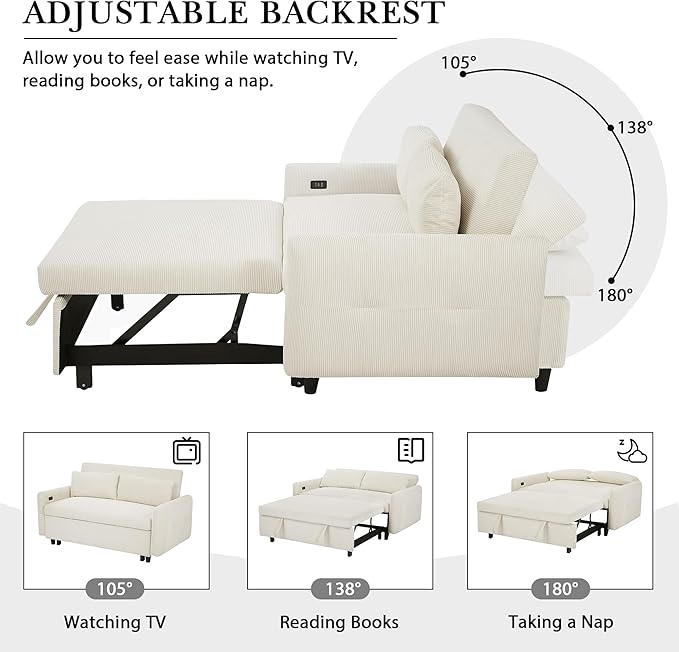 57.48 Beige Corduroy 2 Seat Convertible Pull Out Sofa Bed with USB Ports Small Space Modern Convertible Loveseat Sofa Couch for Living Room