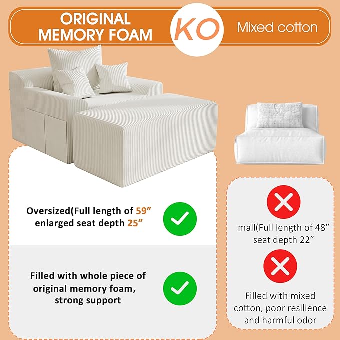 60'' Chaise Lounge Chair Indoor Oversized Upholstered Sofa Bed Sleeper Couch Reading Chairs Plush Corduroy Fabric Sofas Couches for Living Room (White)