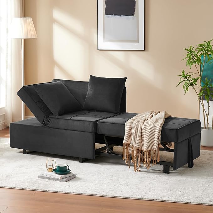 Sofa Bed 4-in-1 Convertible pull out Couch Velvet Love seat Couch Sleeper Chair Bed with 2 Throw Pillow Single Recliner with 5 Adjustable Backrests for Living Room Apartment Small Space Dark Grey
