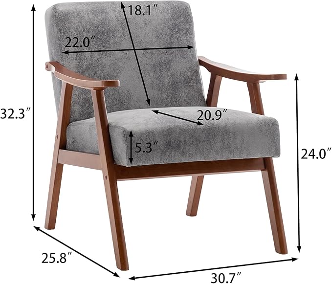 Mid Century Modern Accent Chair with Solid Wood Frame Fabric Microfiber Upholstered Armchair for Bedroom Reading Room Living Room and Lounge Grey