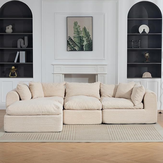 113'' Cloud Boneless Sofa Couches for Living Room with Deep Seat Modular Sectional Sofa with Ottoman for Living Room Bedroom No Assembly Beige