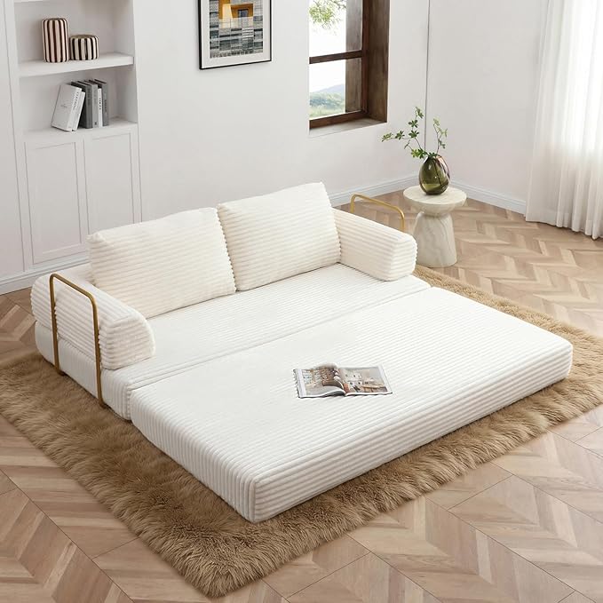 Convertible Folding Sofa Bed Modern Futon Sleeper Sofa Fold Out Couch Bed with Gold Fixed Frame Modular Floor Sofas Comfy Corduroy Boneless Couches for Living Room (80 Beige)