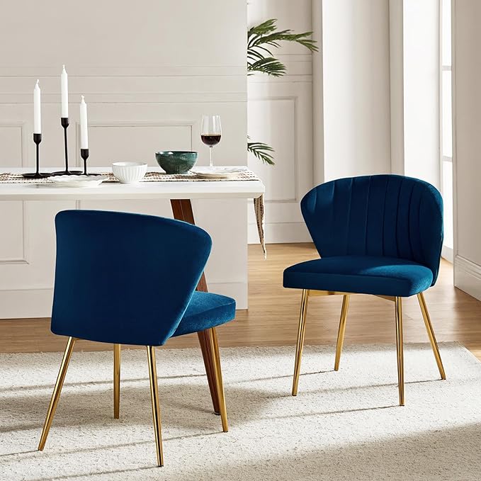 HULALA HOME Velvet Dining Chairs Modern Small Armless Accent Chair with Gold Metal Legs Living Room Upholstered Cute Side Chair Elegant Tufted Back Vanity Chair for Bedroom/Beauty Room-Navy