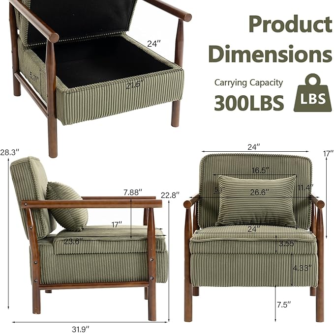 Green Accent Chair with Storage 24 W Mid Century Modern Chair with Cushion Upholstered Corduroy Reading Chair with Wooden Legs Comfy Arm Chairs for Living Room Bedroom (Green)