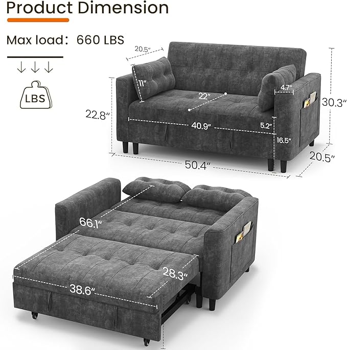 KKL 3 in 1 Convertible Sleeper Sofa Bed Pull Out Couch Bed with Adjustable Backrest Chenille Loveseat Couches with Side PocketFuton Sofa Beds Couch for Living Room Bedroom(Dark Grey)