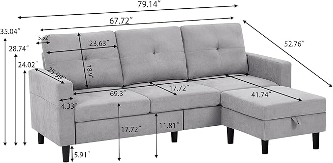 79 Convertible Sectional Sofa L Shaped Couch with Movable Storage Ottoman 3 Seater Sofa Polyster Fibre for Apartment Small Spaces Light Grey