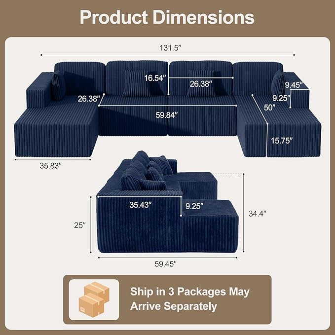 132 U Shaped Couch Oversized Modular Sectional Sofa with Chaise Corduroy U Shaped Couch with Deep Seat Boneless Couches for Living Room No Assembly Required Blue