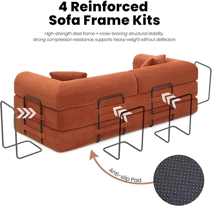 79'' Folding Convertible Sofa Bed Boneless Modular Couch 5-in-1 Pull Out Floor Sleeper Lounge Loveseat for Living Room Bedroom Multi-Function Foldable Sofa (Orange)