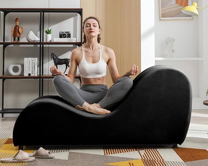 BALUS 60W S-Shape Yoga Sofa Chaise Lounge Chair for Adults Stretching Wooden Ergonomic Curved Lounges Chairs Indoor with Velvet Cover for Living Room Apartment Home Office Exercising Relaxing Black