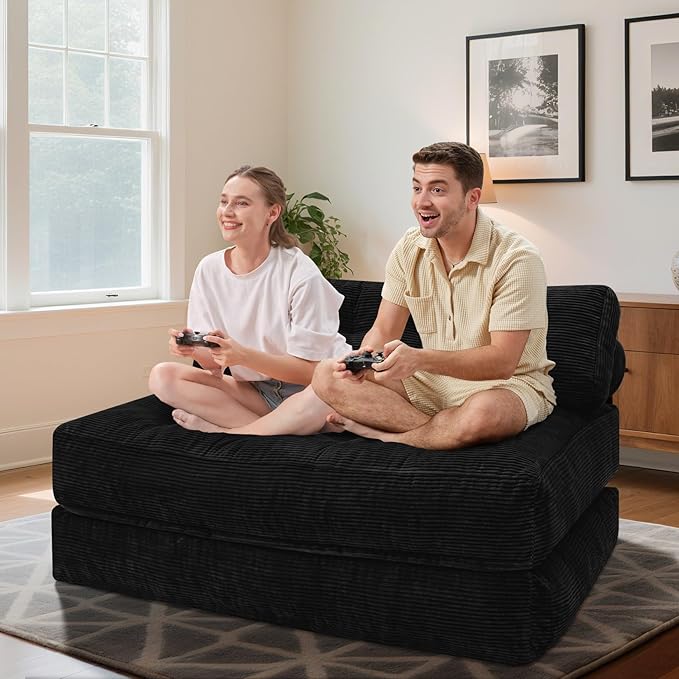 HABUTWAY Folding Sofa Bed Foldable Floor Sofa Lounge w/Dual-Pillow &amp Handle Convertible Sleeper Chair Bed w/Back Support for Living Room Bedroom Apartment Office Black Full