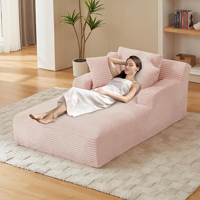 Chaise Lounge Chair Indoor 50 Inch Oversized Corduroy Upholstered Boneless Sofa Bed Deep Seat Sleeper Couch Reading Chairs Cloud Sofas Couches for Living Room (Pink 50 W x 80 D)