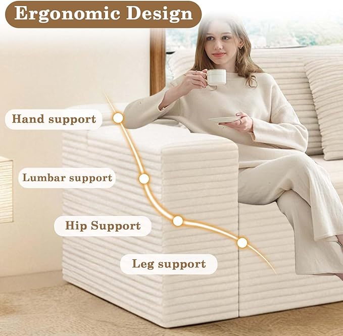 104 Boneless Couch with Chaise Sectional Couches for Living Room L Shaped Couch 4 Seat SofaCompression Sofa for Bedroom Comfy No Assembly Corduroy (White Left)