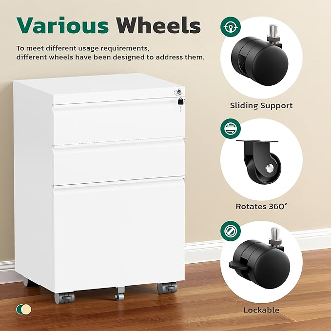 Greenvelly 3 Drawer Mobile File Cabinet with Lock Fully Assembled Rolling File Cabinet Except Casters Under Desk File Cabinet with Wheels for Home Office Fit Legal/Letter/A4 File (Assembled White)