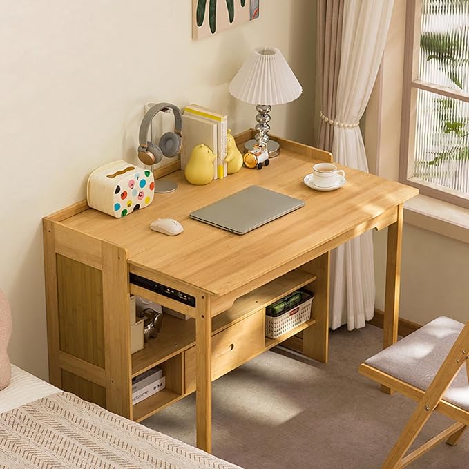 Bamboo Folding Desk with Bookshelf &amp Drawer Small Foldable Computer Table Wooden Space Saving Desks for Home Bedroom Study Office (Natural 30.3″x27″x30.3″)