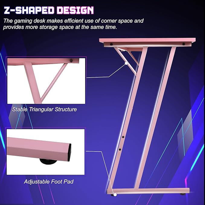 NChanmar L Shaped Gaming Desk with Monitor Riser Stand Home Office Corner Desk for Studying Working and Gaming Large Desktop Pink