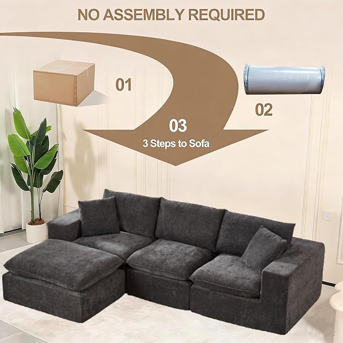 Ball &amp Cast 108 Modular Sectional Sofa L Shaped Modular Sectional Couch Deep Seat with Movable Ottoman Upholstered Convertible Comfy 4 Seater Chenille Sofa for Living Room ApartmentDark Grey