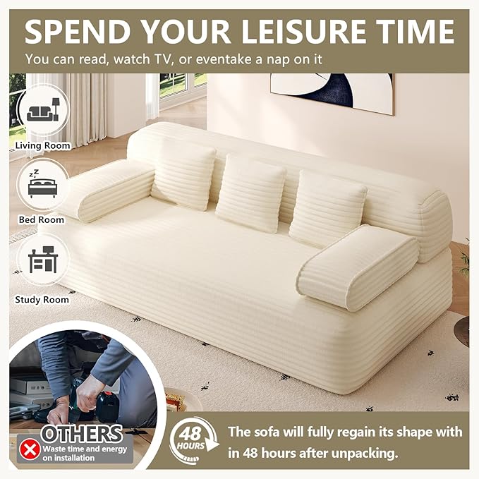 79'' Convertible Sofa Bed Queen with Super Wide Arms Boneless Foldable Couch Bed with 3 Pillows for Adults Corduroy Folding 3 Seater Sofabed with Comfortable Seat for Living Room Bedroom (Beige)