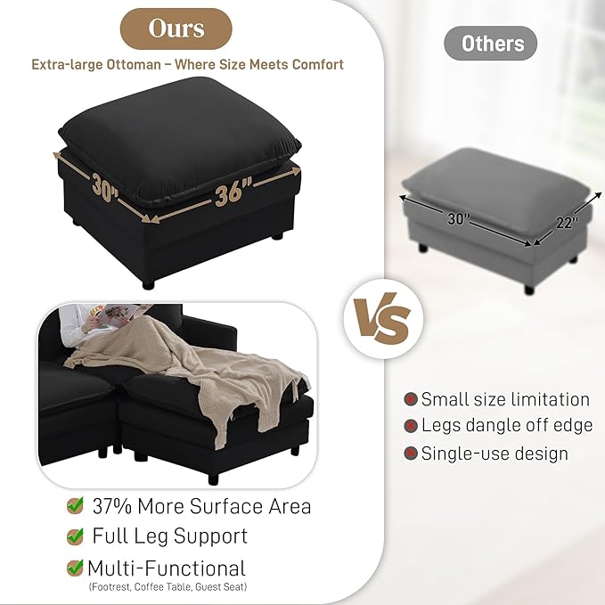 Cloud Couch Sectional Modular Sofa114.4 Comfy Black Sectional Couches for Living Room Upholstered U Shape 3 Seat Deep Cloud Sofa with Movable Ottoman DIY Combination Velvet Black