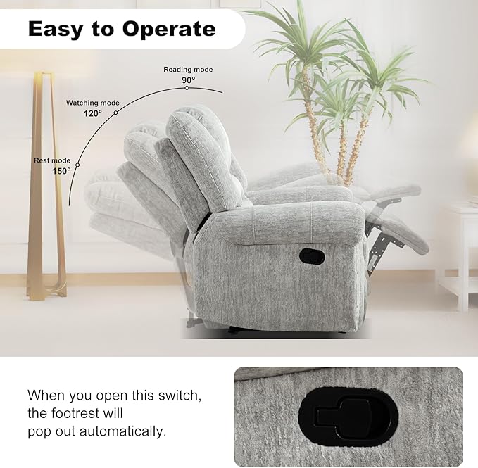 INZOY Recliner Chair Heavy Duty Manual Reclining Sofa Single Lounge Sofa for Living Room Home Theater Seating Grey White