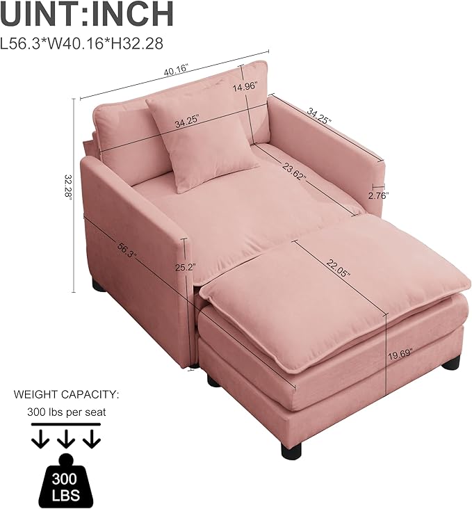Oversized Chair with Ottoman Chenille Upholstered Deep Seat Couch Armchair 40.16'' Comfy Chaise Lounge Indoor with Thick Cushion for Living Room (Pink 40.16'' Single Seat Sofa &amp 1 Ottoman)