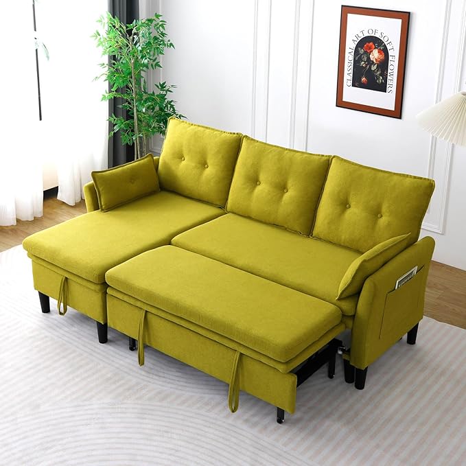 78 L-Shaped Sleeper Sofa Bed Couch 3-Seater Reversible Pull Out Couch Bed with Storage Chaise Lounge Cotton-Linen Pullout Sofabed Sectional Couches for Living Room Apartment Green