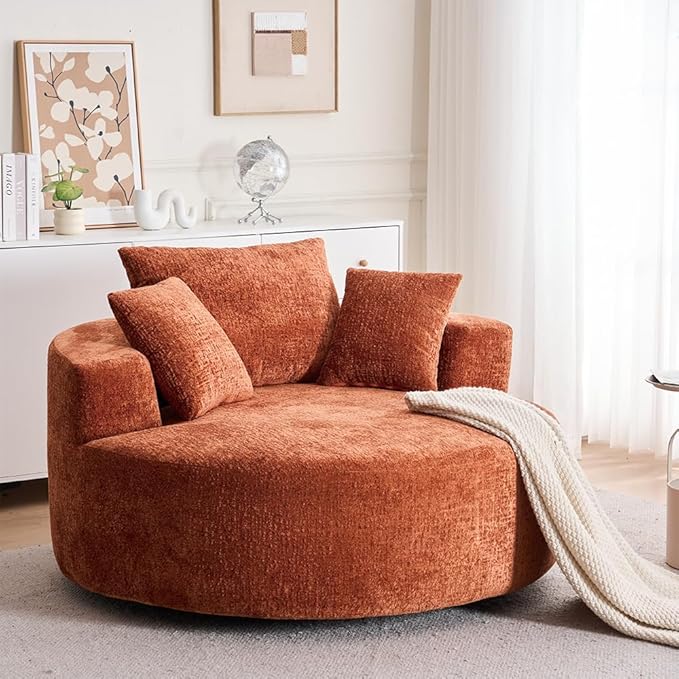 55 Oversized Swivel Accent Chair Round Barrel Chair with 360° Rotation Chenille Upholstered Deep Seat Lounge Sofa Modern Comfy Single Sofa for Living Room Bedroom Office (Orange)