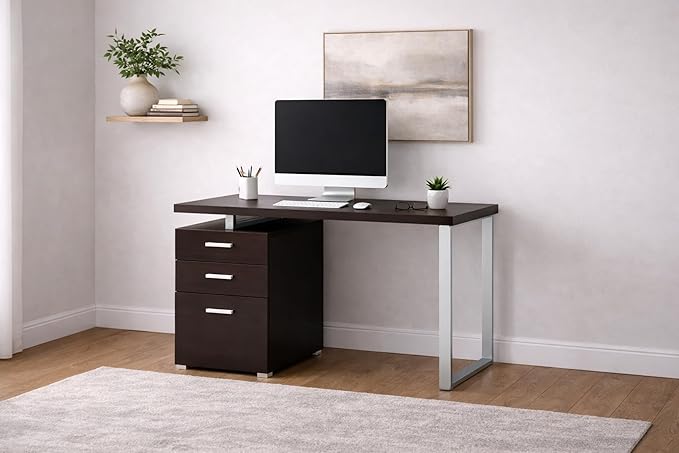 CARTESIAN Vertex Reversible 47 Inch Office Computer Desk with 3 Drawers Cappuccino Finish Silver Metal Frame