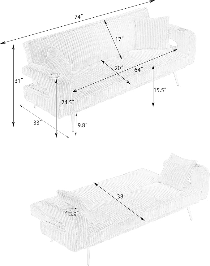 74 Modern Corduroy Sofa Bed FutonConvertible Sleeper Bed Couch with Dual Cup Holder4 Reclining PositionsFolding Cloud Sofa Loveseat for Small Living Room Apartment Office (Beige)