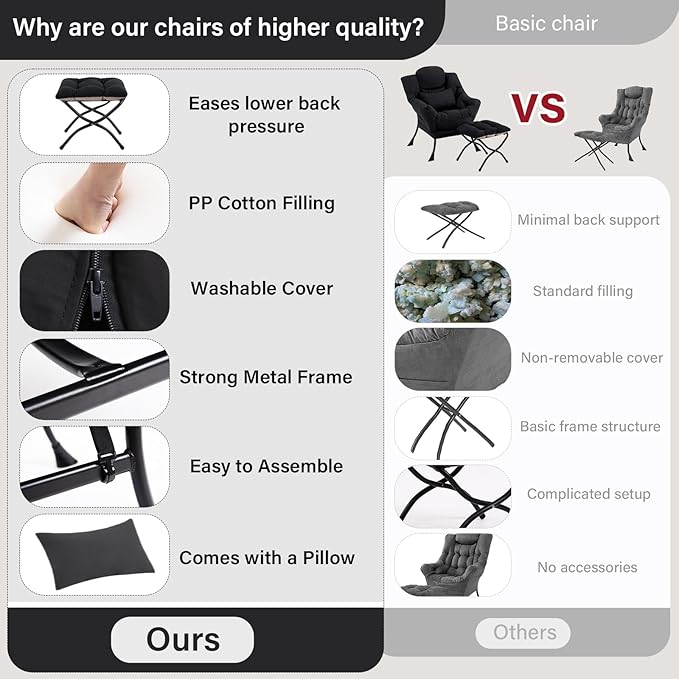 Lazy Chair with Ottoman Comfy Fabric Accent Lounge Arm Chair with Lumbar Pillow and Folding Footrest Reading Leisure Sofa Chair for Bedroom Living Room DormBlack