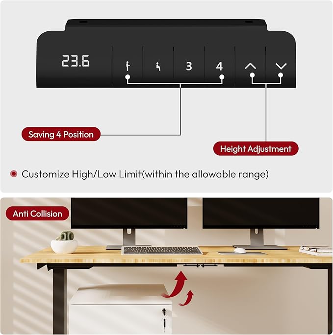 SANODESK Standing Desk with Dual Motor 3-Stage Lifting Column Handset with 3 Preset and Sit-Stand Reminder - 60 inch Whole Piece Real Bamboo/Black Frame Height Adjustable Desk for Home and Office