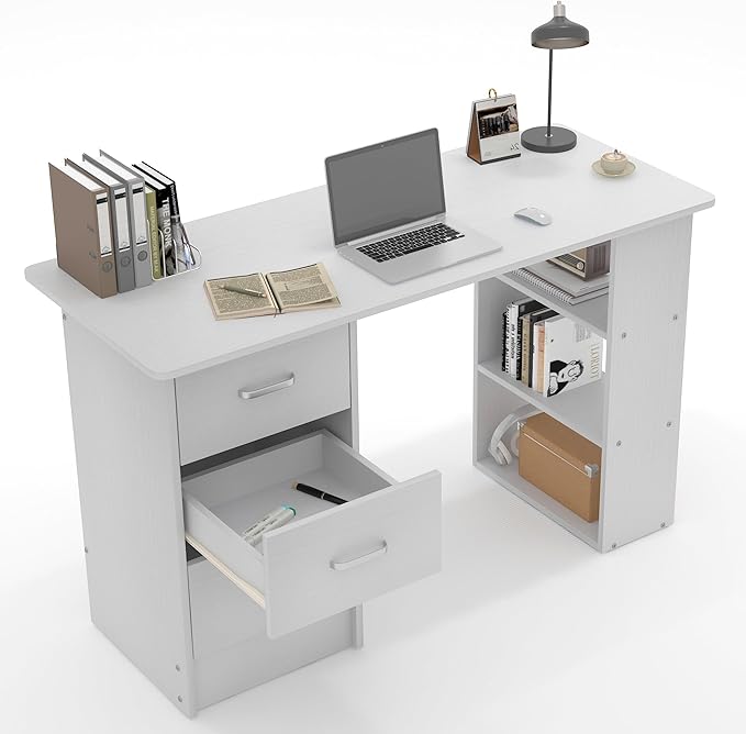 Computer Desk with DrawersStanding Desk with Storage RacksWriting Desk for Home Office or Bedroom (White)