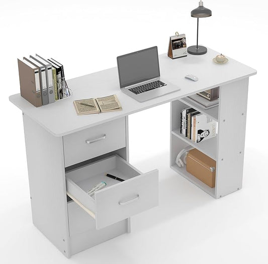 Computer Desk with DrawersStanding Desk with Storage RacksWriting Desk for Home Office or Bedroom (White)