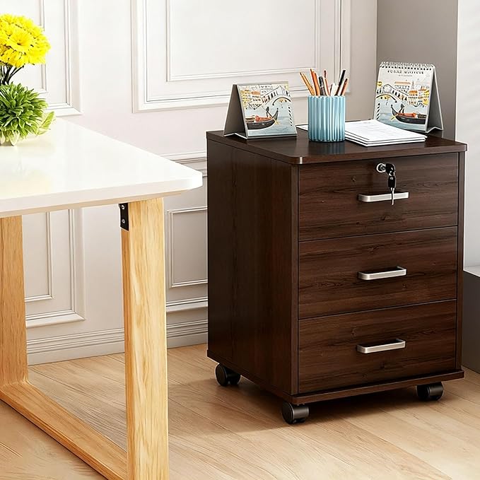 File Cabinet 3 Drawers on Wheels 23.2 H Lockable Wood Filing Cabinet for Office and Home Files Storage Under Office Desk Wooden File Cabinets Farmhouse Easy Assembly(Black Walnut)