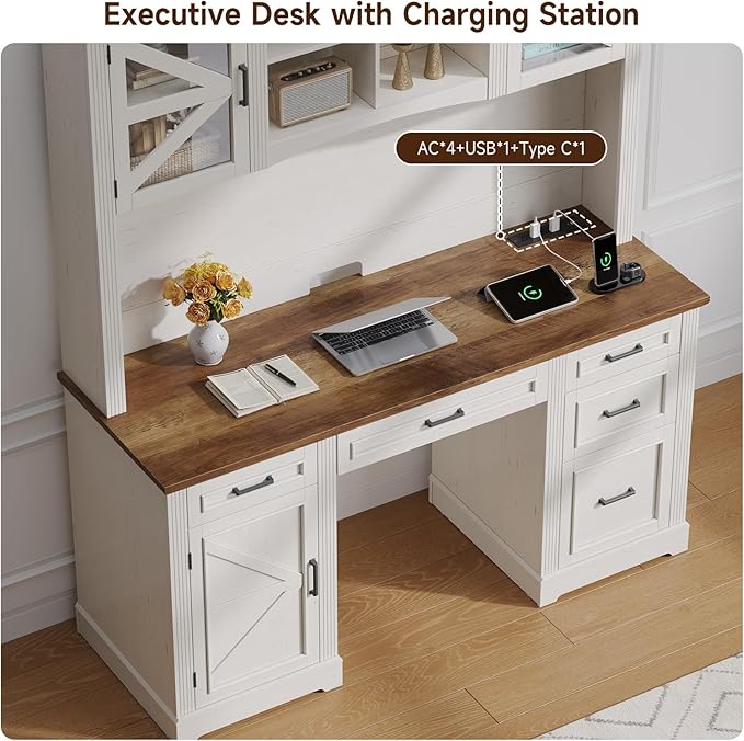 ONBRILL 72 H Farmhouse Executive Desk with Hutch Office Desk Computer Desks with Charging Station Computer Workstations with 5 Drawers and Storage Cabinet for Home Office Off White &amp Walnut
