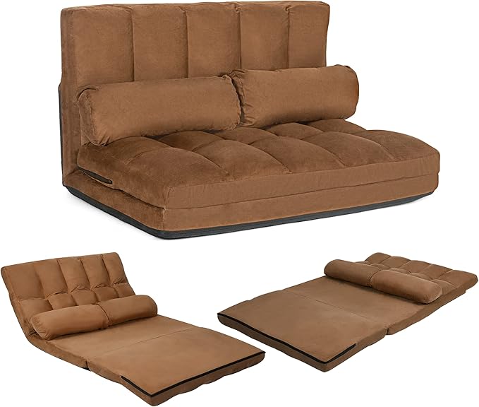 KOMFOTT Adjustable Floor Sofa Bed Foldable Lazy Sofa Sleeper Bed with 6 Position Backrest &amp 2 Pillows Convertible Futon Couch Bed with Suede Cloth Cover Lounge Recliner for Living Room (Coffee)