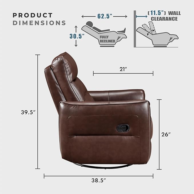 Lexicon Swivel Glider Reclining Chair Top Grain Leather Match Manual Recliner Comfy Nursery Glider Recliner Swivel Reclining Chair for Living Room/Office/Bedroom/Apartment Brown
