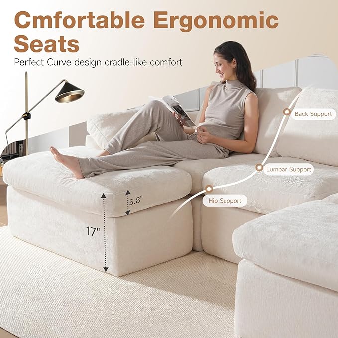 5 Seater Modular Sectional Cloud Couch 108 ”Comfort U-Shaped Boneless Couch for Living Room Deep Seat Sofa Bed with 2 Movable Ottoman High-Res ilience Sponge No Assembly Required White
