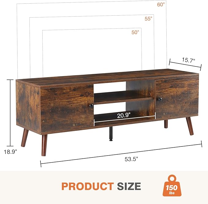 Sweetcrispy TV Stand for 55 60 inch TV Modern Mid Century Entertainment Center with Storage Media Console Table 2 Cabinet Soft Hinge Handle Door Wooden Living Room Office Furniture Rustic Brown