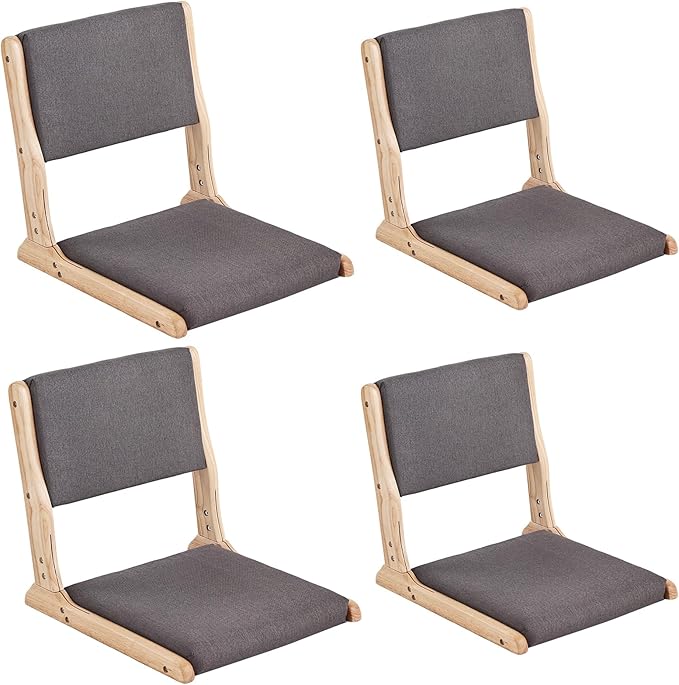 Tiita Floor Chair with Back Support Foldable Meditation Tatami Chairs Backrest Chair with Cushion Living Room Chair Seat 4 Pack Wood Dark Grey