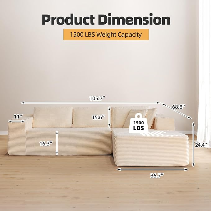 HOMREST 106 Cloud Sectional Couch with Chaise Lounge L-Shape Modular Sectional Boneless Sofa with Deep Seat Upholstered Couches for Living Room Bedroom No Assemble Beige (Plush Corduroy Fabric)