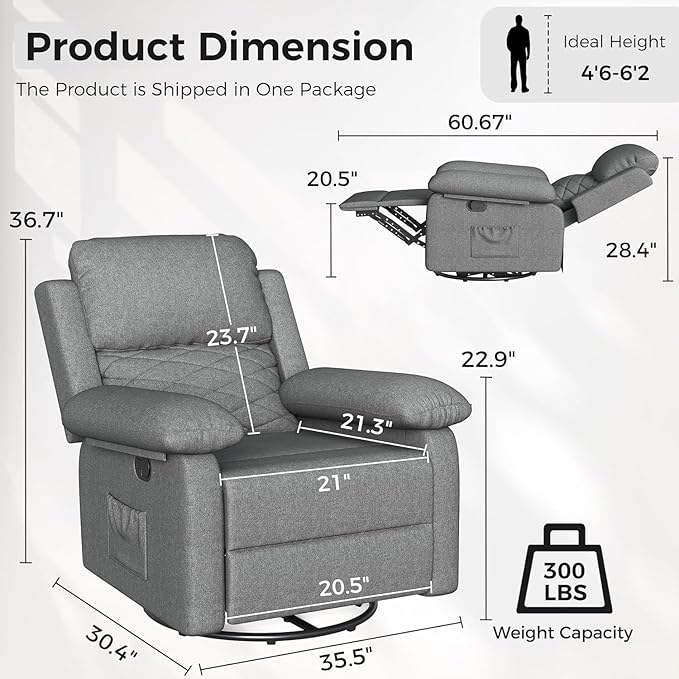 Glider Recliner for Adult Indoor Upholstered Lounge Nursery Chair Swivel Single Sofa with Side Pockets for Living Room Bedroom(Grey)