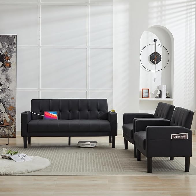 TYBOATLE Sofa Couch 62 W Loveseat w/ 2 USB Charger Ports &amp 2 Cupholders Mid-Century Modern Black Faux Leather Tufted Small Love Seat Couches for OfficeCompact Living RoomBedroomApartmentDorm